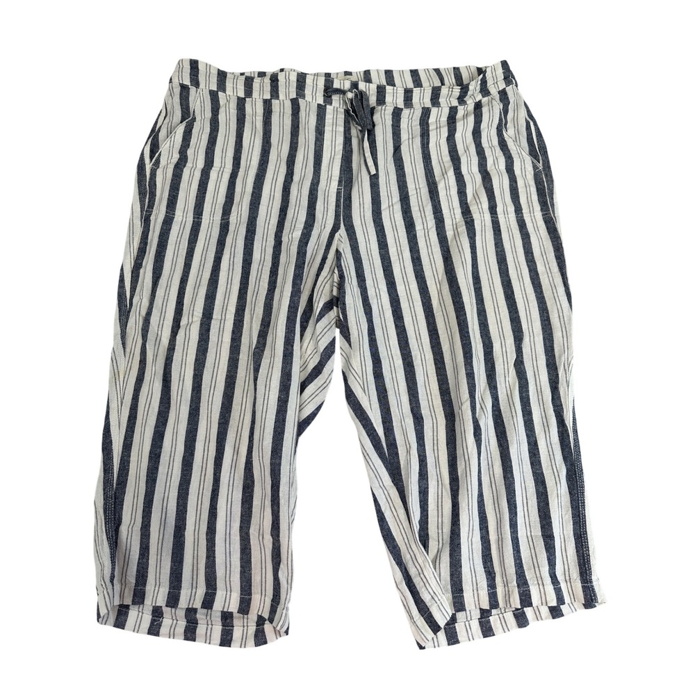 Per Se Striped Linen Blend Crop Pants Navy White Drawstring Plus Size 3X